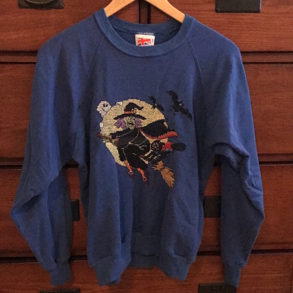 Reebok Tops - Blue Vintage Cross Stitched Flying Witch Cat Halloween Sweatshirt, Size Small